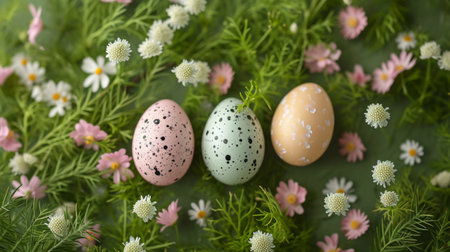 Top view pastel color Easter eggs with spring flowers on green loan close up.の素材