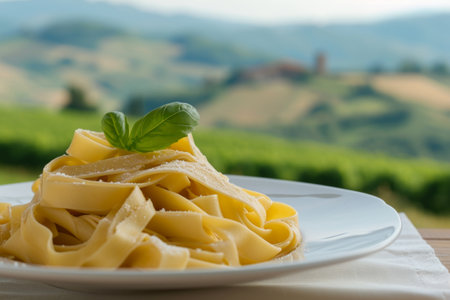 Fettuccine on plate close up, blurred italian fields on background.の素材