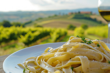 Fettuccine on plate close up, blurred italian fields on background.の素材