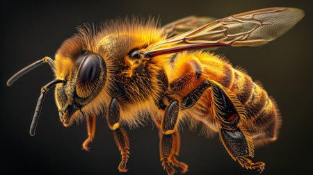Macro of a honeybee on dark background.の素材