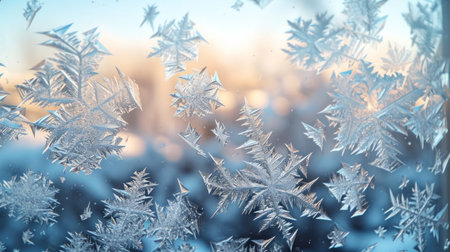 Frozen window glass frosty background with snowflakes.の素材