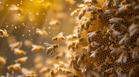 A lot of bees returning to honey comb in bee hive, with collected floral nectar and flower pollen.の素材