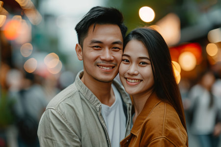 Portrait of happy Asian couple looking at camera in the city. Portrait of smiling couple standing in street, lifestyle.の素材