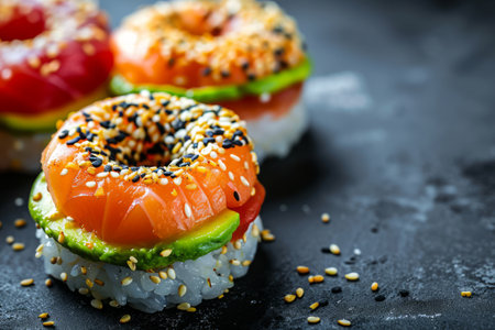 sushi donuts on dark concrete table. Japanese sushi made in the shape of donuts, food mashup concept.の素材