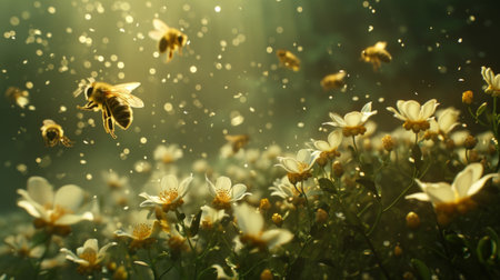 A field of flowers with honeybees busily collecting nectar, bees and blooming plants.の素材