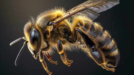 Macro of a honeybee on dark background.の素材
