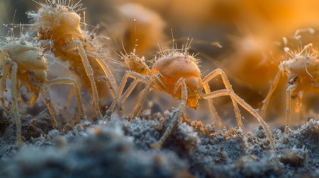 Mites and microarthropods crawling through the microscopic soil environment.の素材