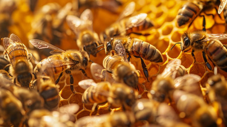 Bees working together within the hive, symbolizing community and collaboration.の素材