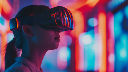 Young woman wearing VR goggles in neon light at night, innovation in communication and teamwork concept.の素材