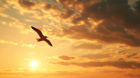The concept of freedom, a bird in flight against a golden hour sky.の素材