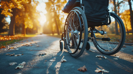 Unrecognizable disabled person on wheelchair walk in autumn park, using innovative technologies to enhance convenience.の素材