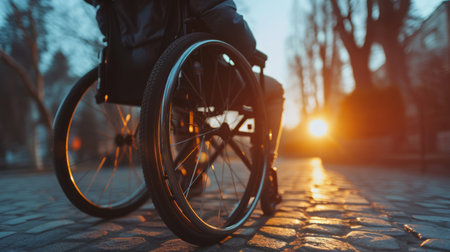 Unrecognizable disabled person on wheelchair walk in autumn park, using innovative technologies to enhance convenience.の素材