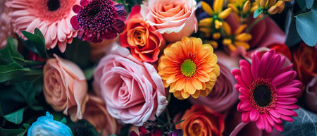 Rich and colorful beautiful bouquet of flowers close up poster background.の素材
