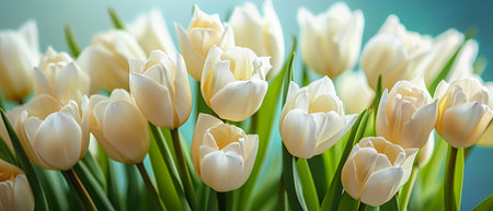 Rich and colorful beautiful bouquet of ivory tulips close up poster background, symbolizing love and appreciation.の素材