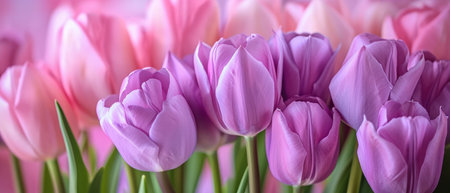 Beautiful bouquet of lilac tulips close up banner background for women's holidays.の素材