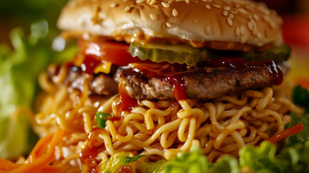 Close up of a ramen burger, combining the noodles of ramen with the convenience of a burger.の素材