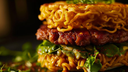 Close up of a ramen burger, combining the noodles of ramen with the convenience of a burger.の素材