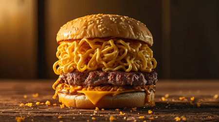 Close up of a ramen burger, combining the noodles of ramen with the convenience of a burger.の素材