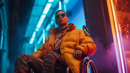 Diversity in fashion for disabled individuals. Young fashionable male disabled person on wheelchair showing style and inclusivity.の素材