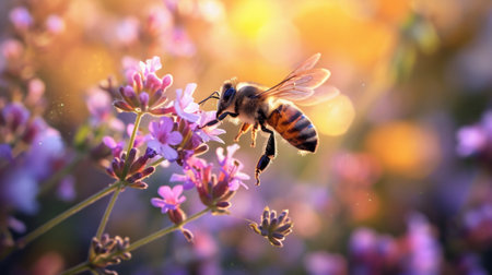 Bee dancing among blooming flowers, expressing the joy and vitality of the pollination process.の素材
