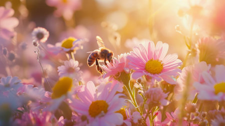 Bee dancing among blooming flowers, expressing the joy and vitality of the pollination process.の素材