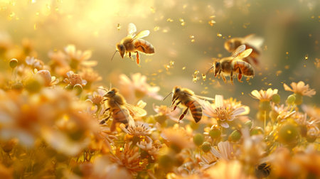 Bees engaging in a dance with flowers, bees and their floral surroundings.の素材