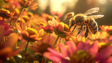 Honeybee pollinating flowers, on a vibrant colors blooming field.の素材