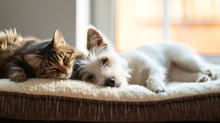 A cute white terrier dog and a fluffy cat lounging together on a cozy pet bed.の素材