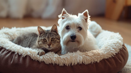 A cute white terrier dog and a fluffy cat lounging together on a cozy pet bed.の素材
