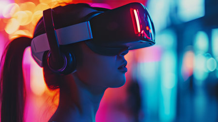 Young woman wearing VR goggles in neon light at night, innovation in communication and teamwork concept.の素材