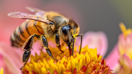 Close-up of a bee on a flower, collecting nectar, showing the delicate beauty and essential role of bees in the natural world.の素材