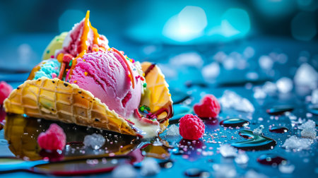 Ice cream taco, blending the joy of ice cream with the convenience of a taco shell. Dessert food mashup.の素材