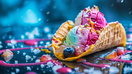Ice cream taco, blending the joy of ice cream with the convenience of a taco shell. Dessert food mashup.の素材