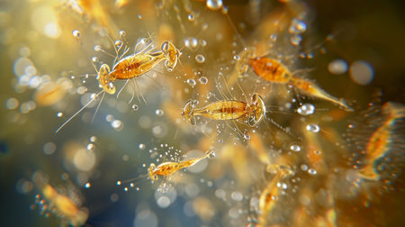 Microscopic water insects, tiny water fleas or aquatic larvae, microscopic world within a droplet of water.の素材