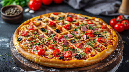Waffle pizza, combining the savory goodness of pizza with the delightful crunch of waffles.の素材