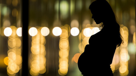 Pregnant woman silhouette with bokeh background and copy space.の素材