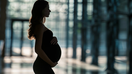Pregnant woman silhouette with bokeh background and copy space.の素材