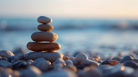 The concept of balance. A perfectly balanced arrangement of natural stones in a composition.の素材