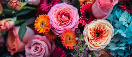 Rich and colorful beautiful bouquet of flowers close up poster background.の素材