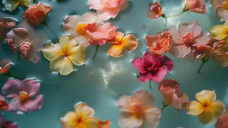 Colorful flowers floating gently on calm water, illuminated by soft light, the close-up details of floral-infused bath soak in a spa bath.の素材