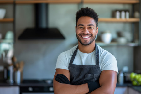 Handsome smiling 30 years old brown skin man cleaning beautiful scandi house indoors wearing apron.の素材