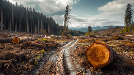 Illegal logging, the destruction caused by malicious tree felling, emphasizing the need for stricter environmental regulations.の素材