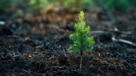Germinating pine tree sprout, reforestation efforts. Planting new trees, environment care.の素材