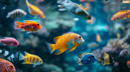 Diverse collection of exotic fish swimming in an aquarium. Vibrant colors, patterns, and unique characteristics of each fish species.の素材
