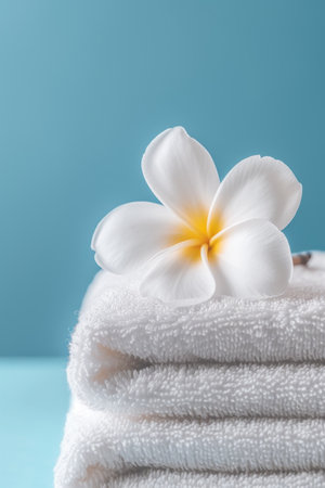 Frangipani flower on white towel, a close-up of a delicate, pink plumeria flower with soft petals, resting gently on a white, textured surface.の素材