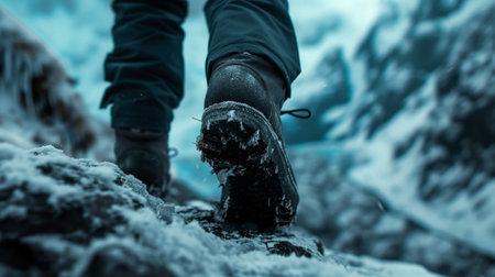 Climber wearing hiking boots going to peak stock, a lone adventurer treks through a wintry landscape, sturdy boots crunching on rocky ground.の素材