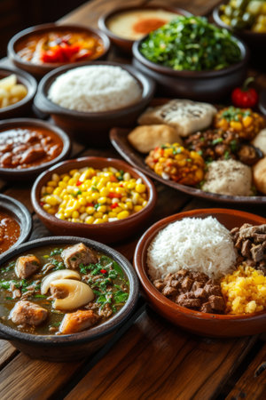 Traditional Brazilian dishes on the wooden table.の素材