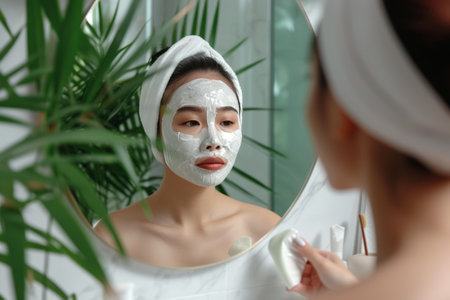 Portrait of a satisfied Asian woman in her modern bathroom, white clay mask on face, looking at mirror, plants on background.の素材