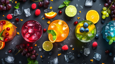 Colorful drinks with fruits and grapes, exotic, cute and colorful beverages.の素材