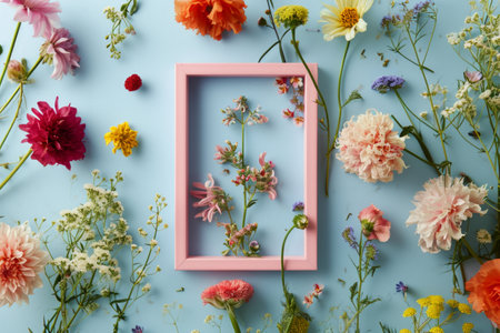 Colorful blooming flowers placed around empty pink photo frame against light blue background.